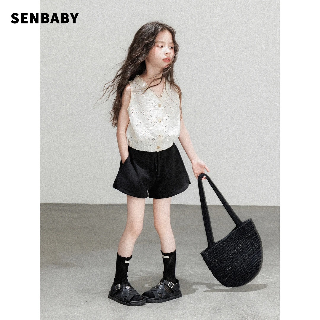 【现货】senbaby女童无袖开衫衬衣夏季新款韩版潮镂空雕花上衣