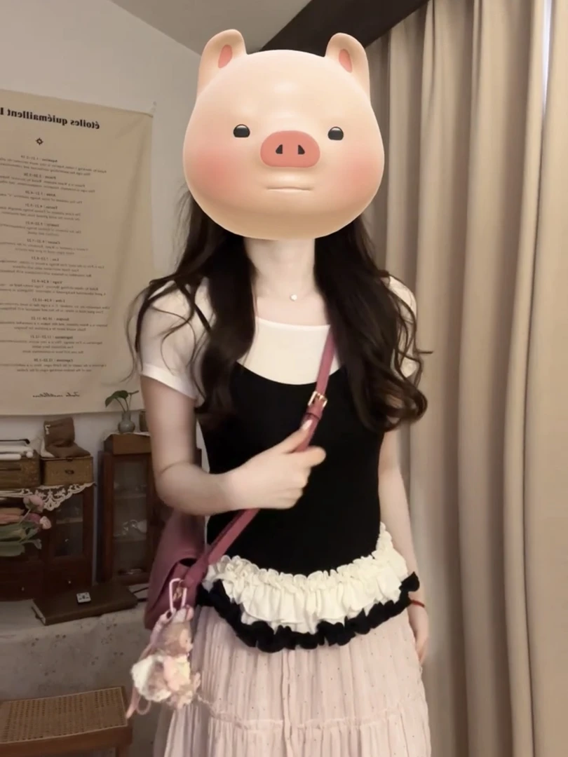 韩系甜美假两件花边下摆短袖t恤女夏季修身显瘦吊带拼接别致上衣