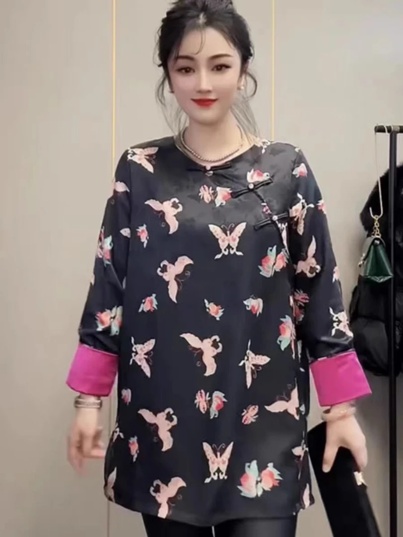 〖猫姐衣橱〗秋冬新款时尚年款国风蝴蝶玫红袖口中长上衣9122