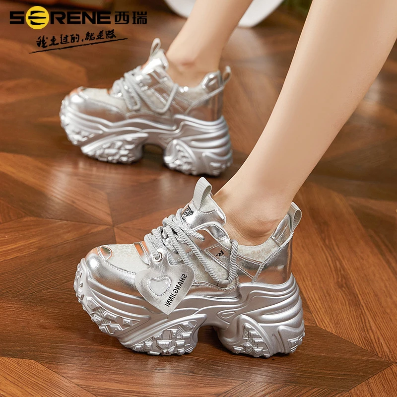 西瑞时尚新款增高厚底女式老爹鞋2025年秋季百搭透气网面休闲运动