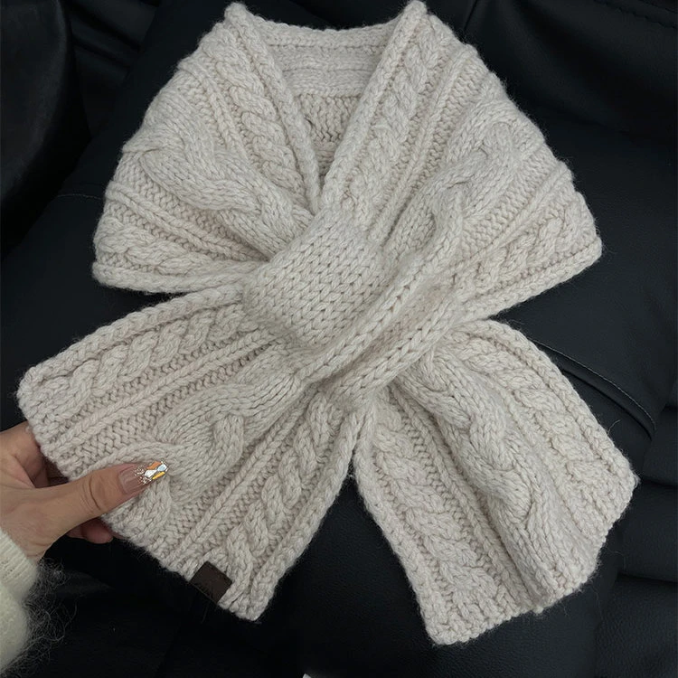 韩版复古100%羊毛纯色交叉麻花针织小围巾女冬学生保暖护颈围脖男