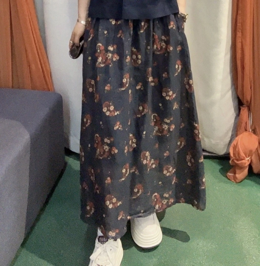 复古苎麻碎花高腰半裙休闲宽松版型