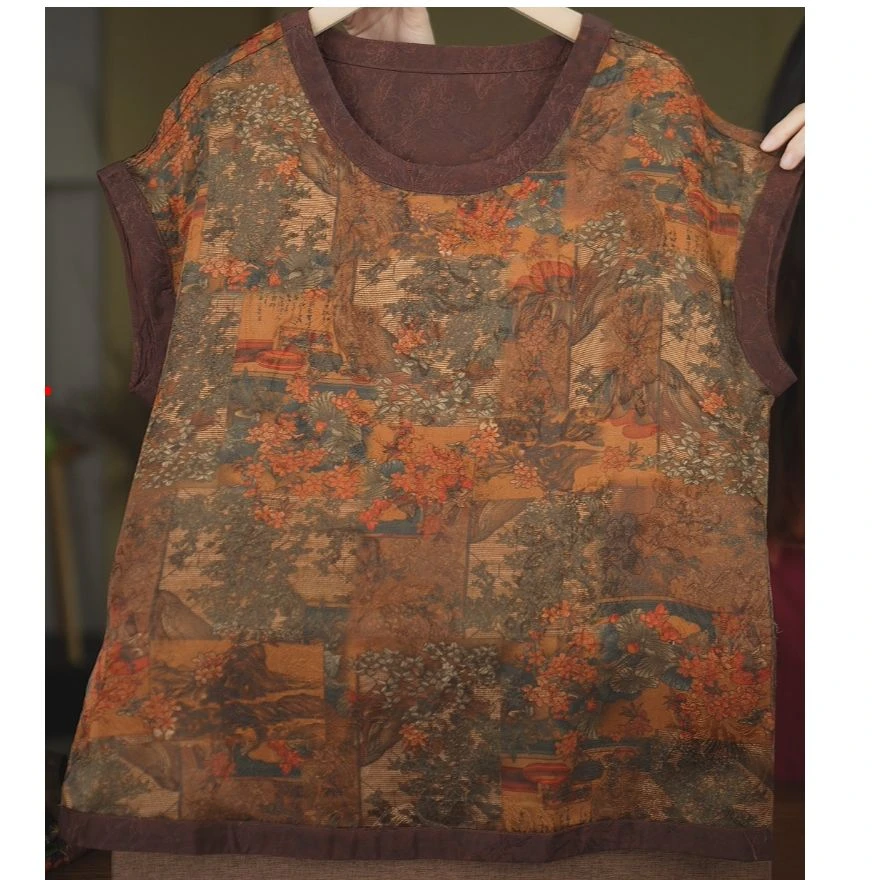 棕韵神花<<非遗美学>>1297香云纱复古印花时尚百搭上衣