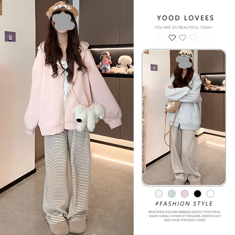 2025春秋新款连帽拉链猫咪印花外套上衣女设计感显瘦条纹裤套装潮