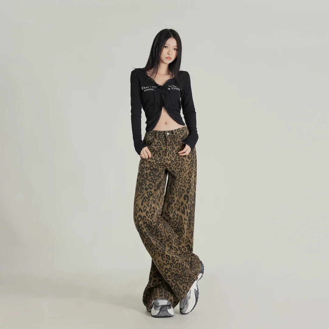 2331阔腿迷彩工装裤豹纹裤女秋冬新款2025新款设计感百搭微喇休闲