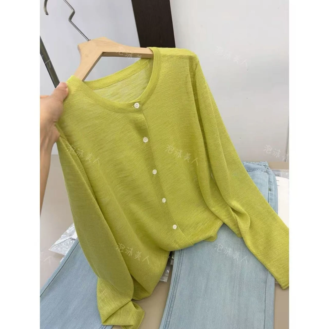 芥末绿」薄款凉感醋酸亚麻百搭防晒长袖针织衫女25夏季新款 长57