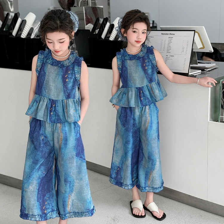 女童套装夏季2025新款休闲洋气清凉无袖两件套扎染蓝色小女孩套裤