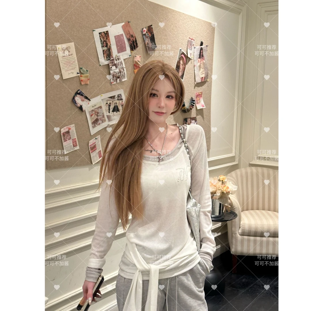 【可可推荐】春季新款斜肩叠穿网纱收腰加俩件T恤 S584