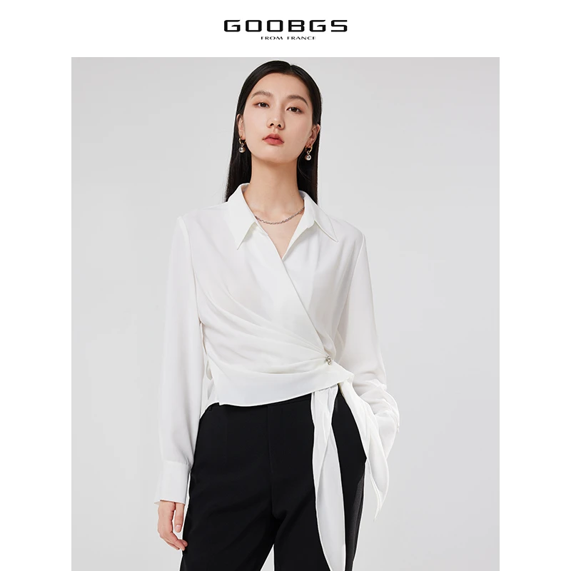 GOOBGS白色V领不规则宽松衬衫G3115529