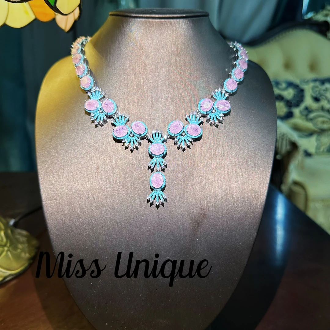 S2144绽放粉色冰裂椭圆松松项链