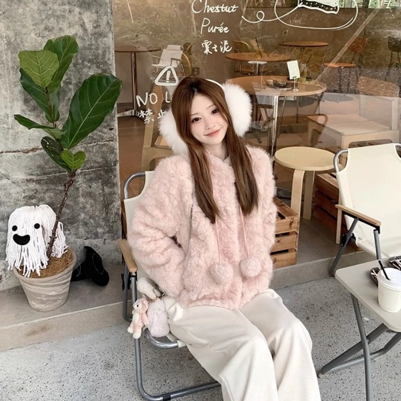 人造皮草 雪绒麻薯/可爱小富婆环保毛小球球宽松立领短款毛毛外套