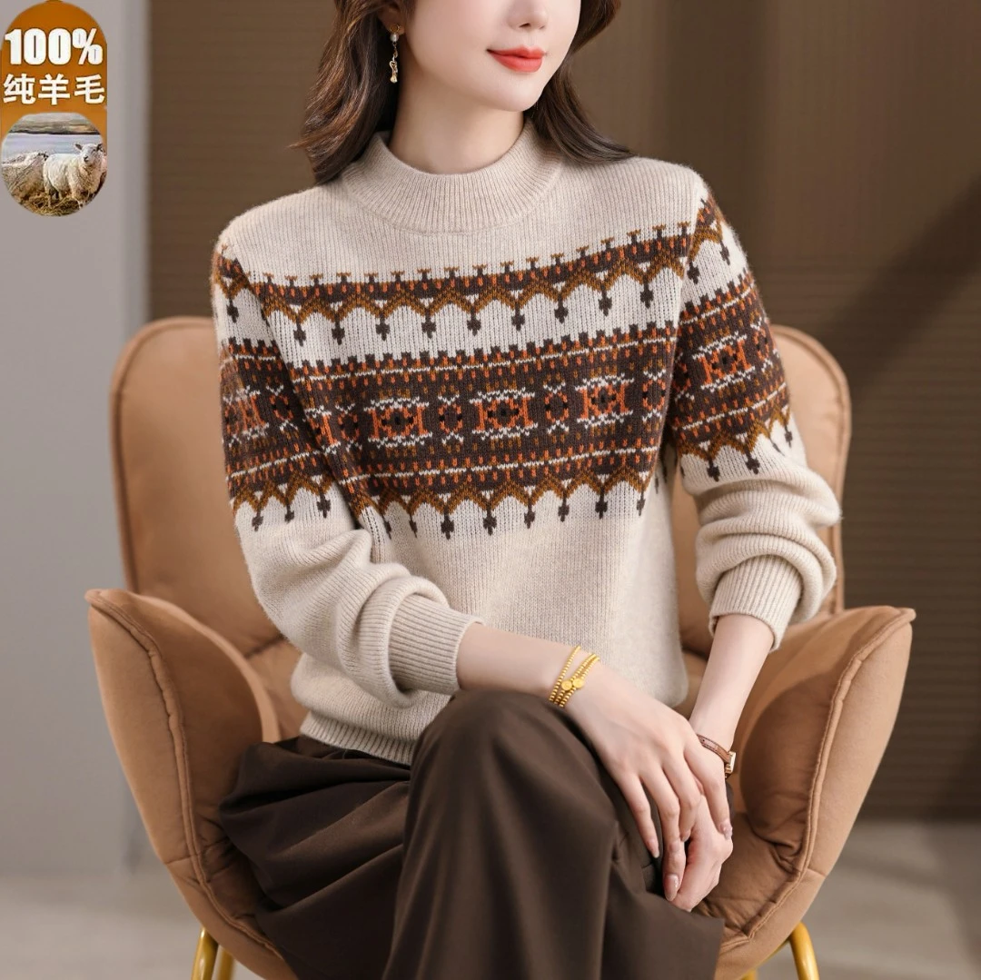 洋气秋冬新款100%纯羊毛时尚妈妈毛衣加厚宽松减龄女士保暖羊毛衫