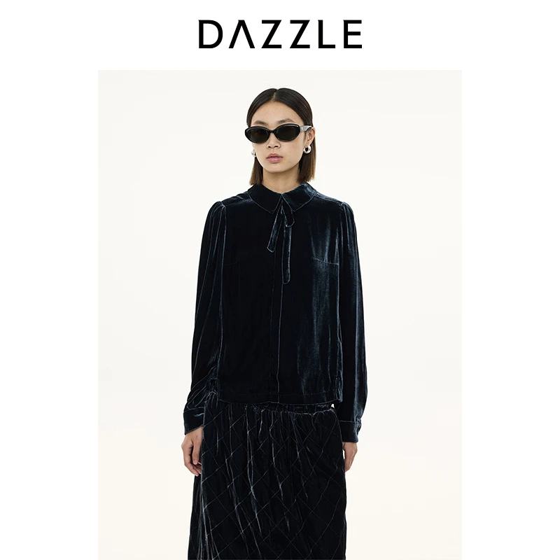 DAZZLE地素 衬衫2024冬季新款丝绒长袖小上衣2I4D509
