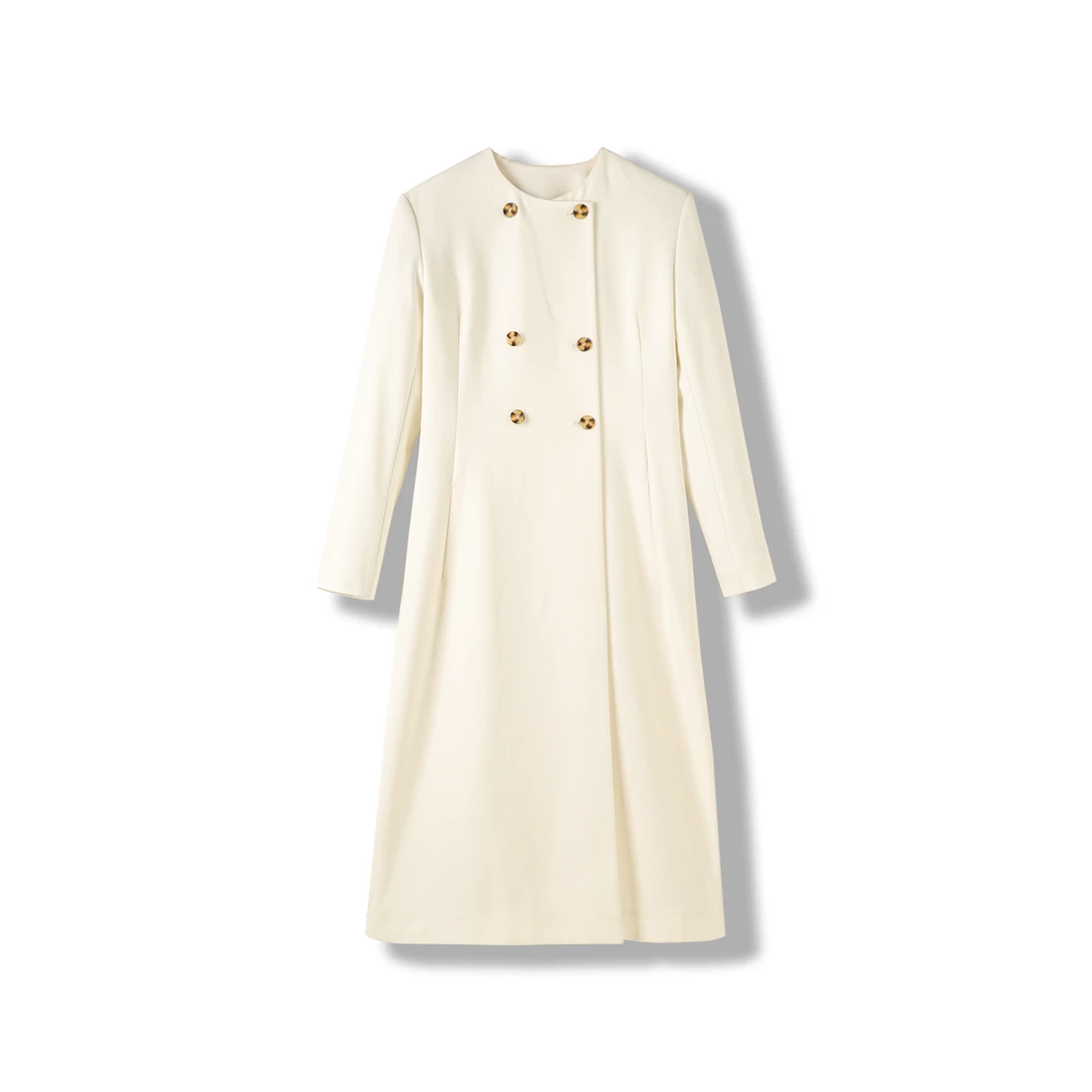 【G达】安迪白色经典圆领复古双排扣收腰风衣女(1266)