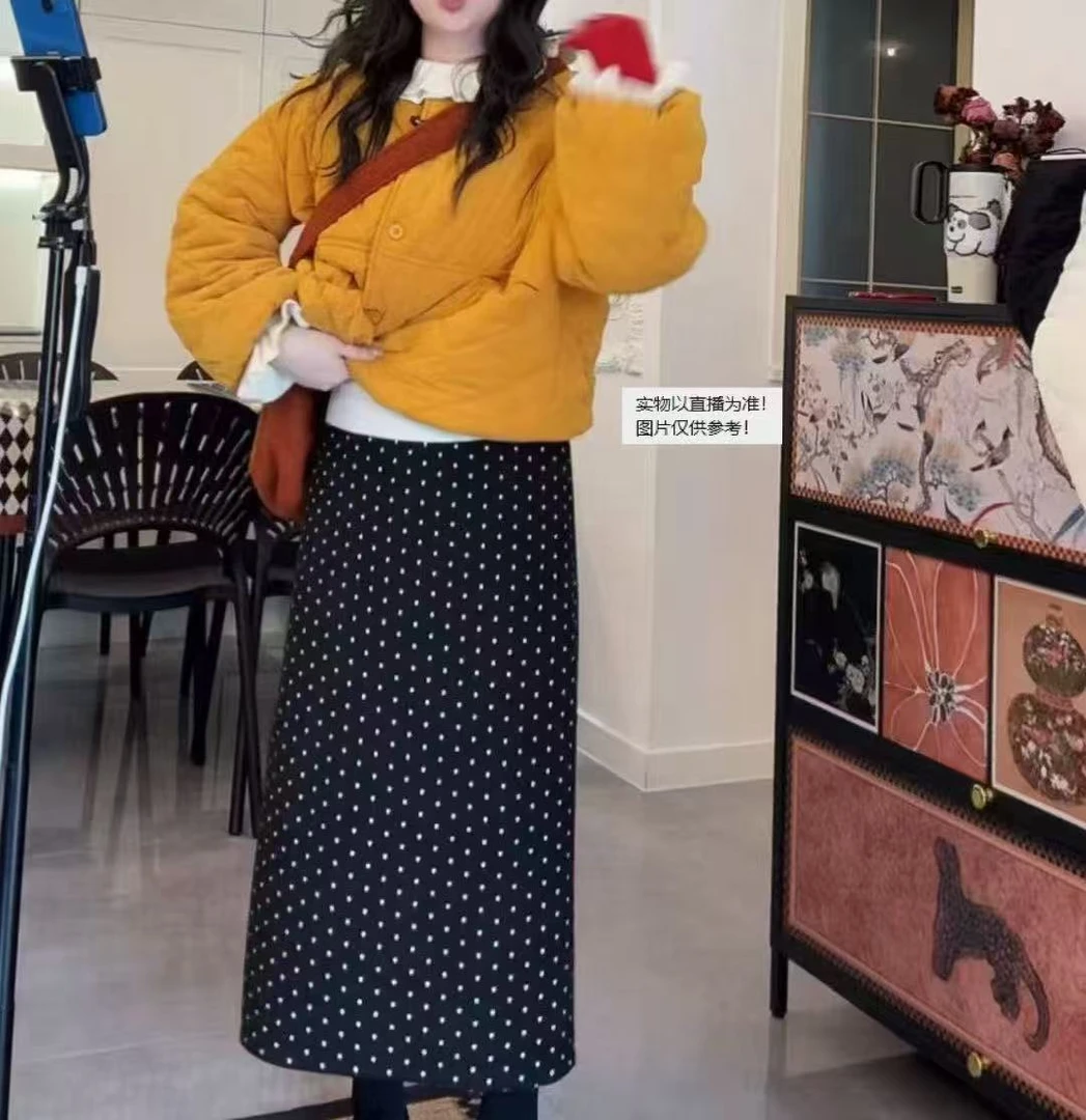 天一~2025新款设计感圆领夹棉外套棉服花边T恤波点半裙套装90538