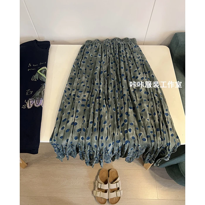 REKAYYAT”海棠“小众复古高级感洋气时尚孔雀蓝波点压褶半身裙