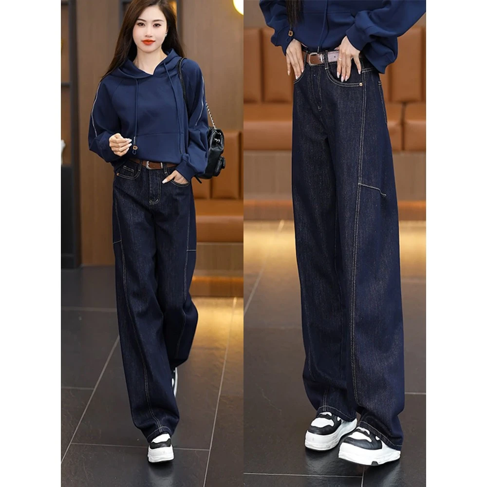 深蓝色加绒加厚窄版弯刀牛仔裤女2025新款大码胖mm高腰显瘦阔腿裤