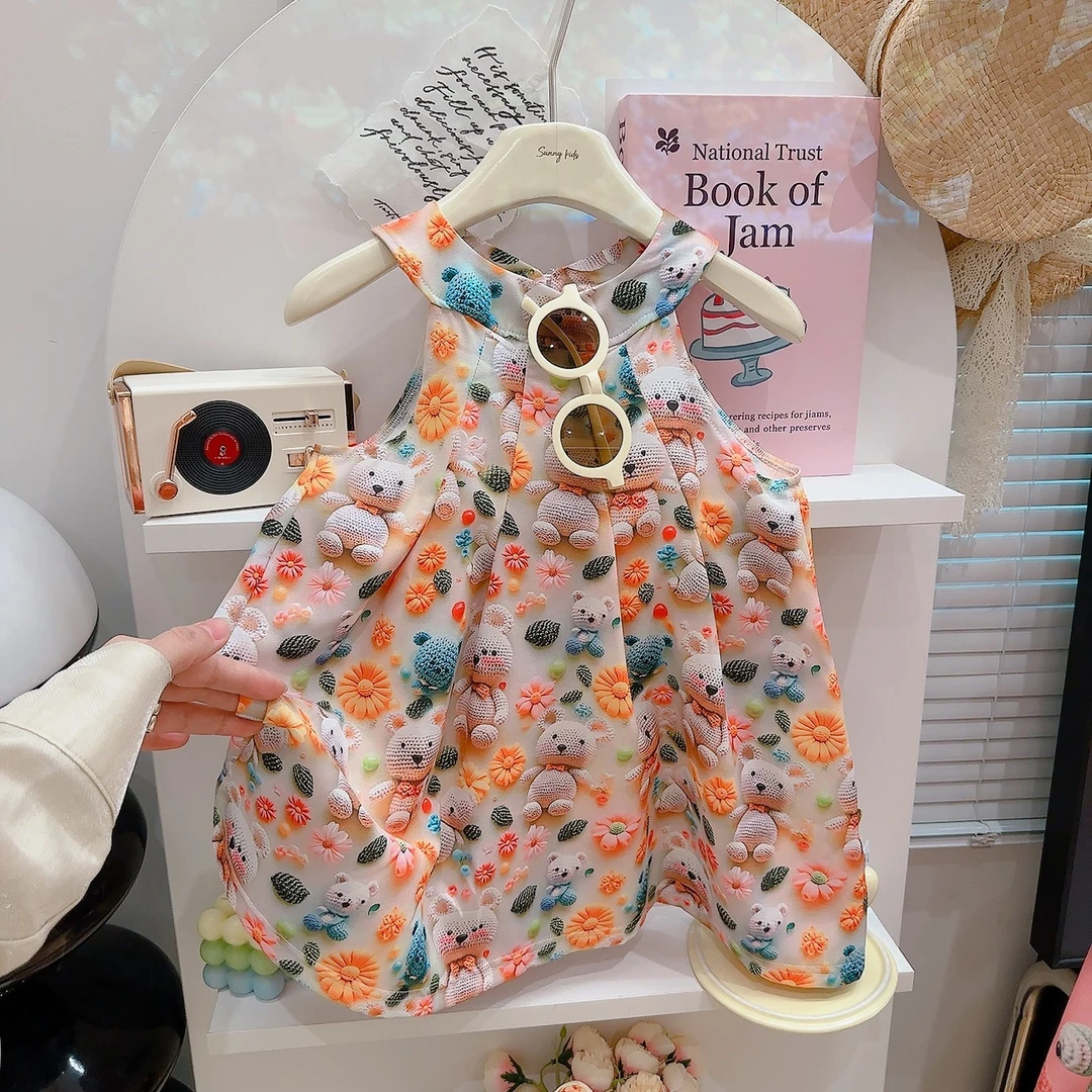 儿童夏季无袖雪纺连衣裙女童度假风休闲挂脖碎花公主连衣裙背心裙