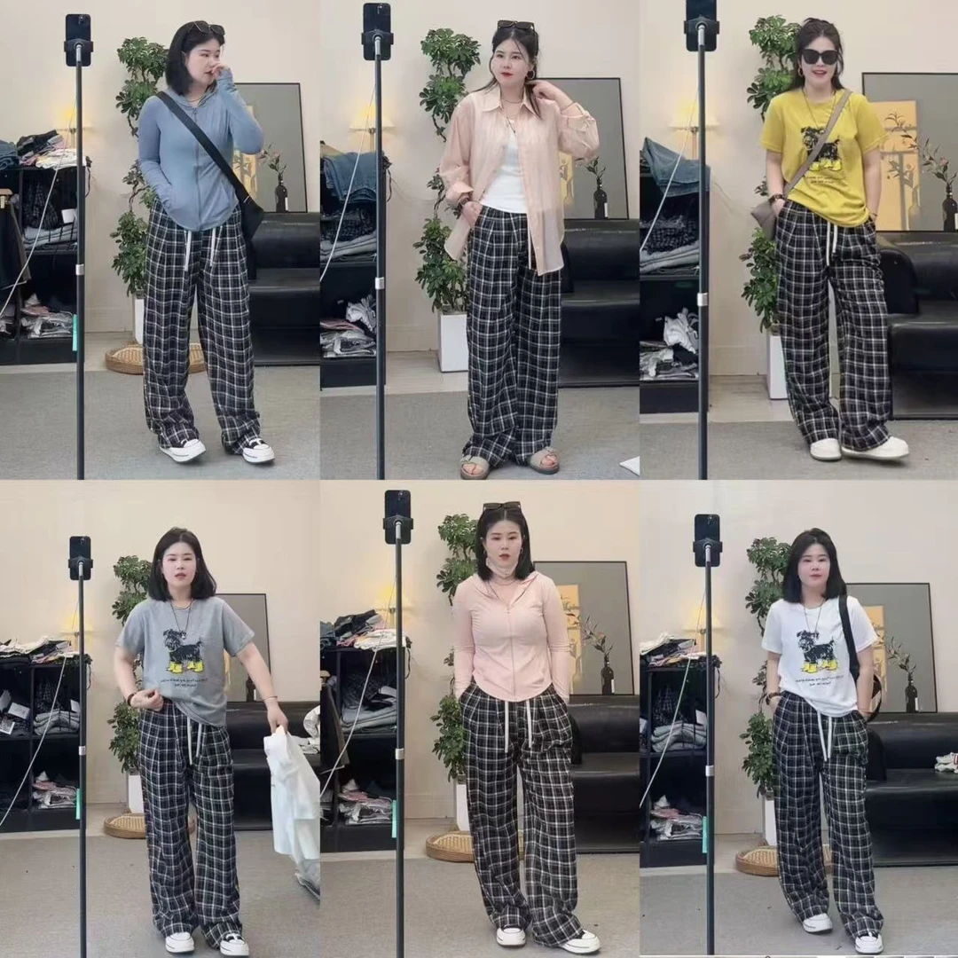 【九九】美式直筒裤女黑白格子2025夏季小个子微胖mm高腰显瘦阔腿裤