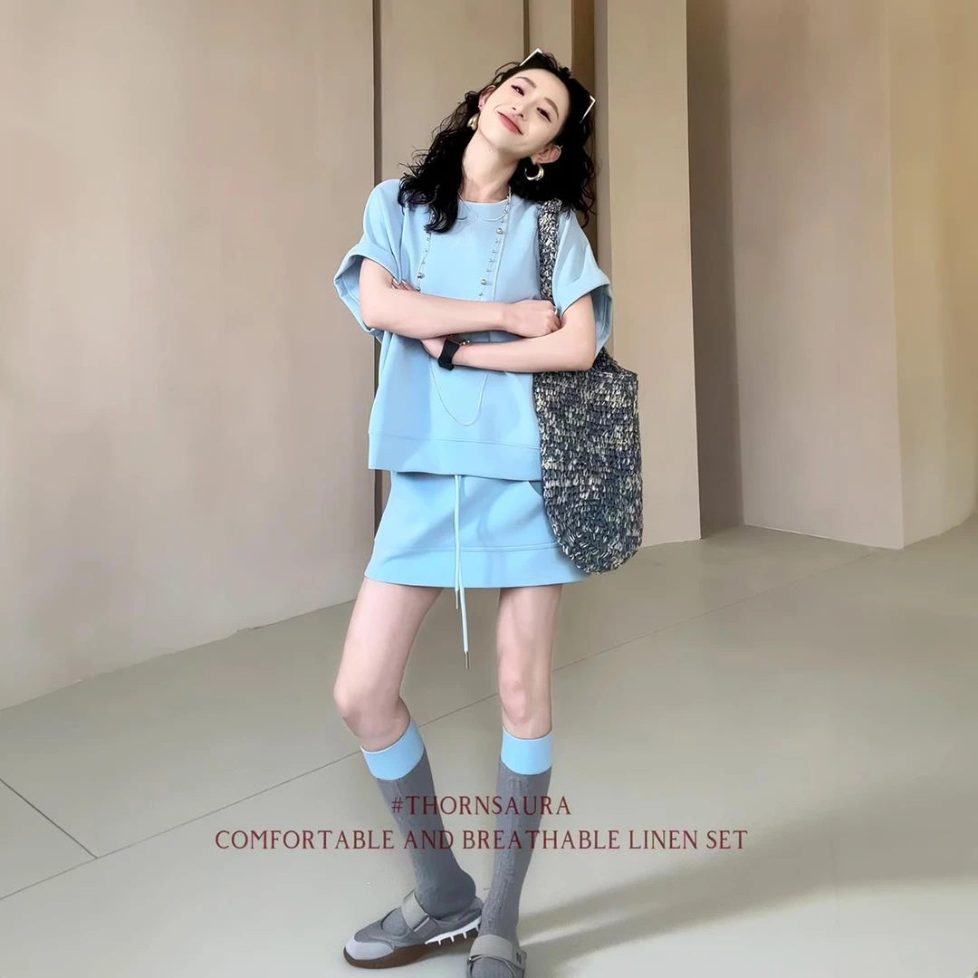 VOCKOO官方休闲风纯色简约宽松短袖T恤上衣+高腰A字短裙女百搭韩