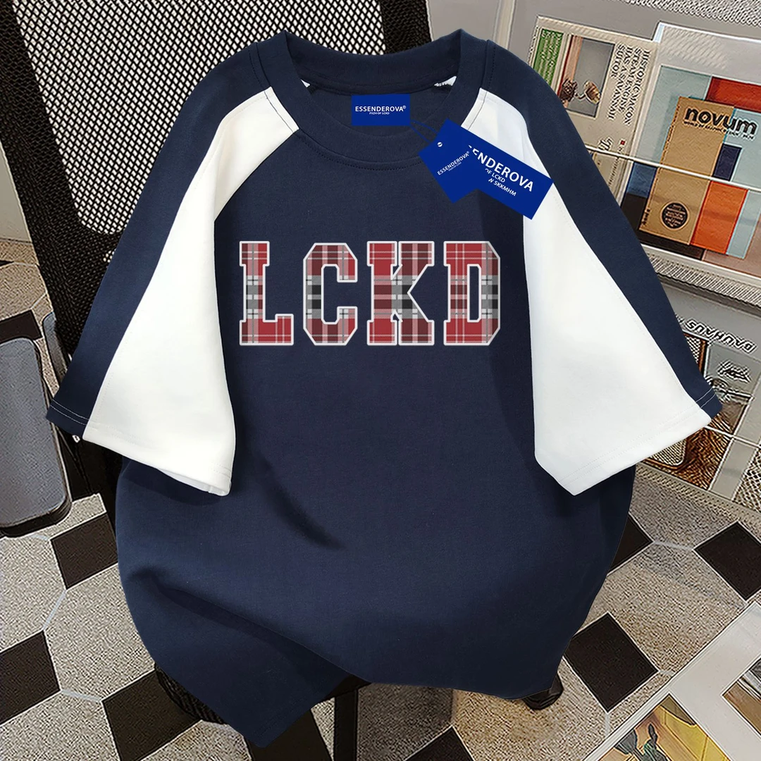 100%纯棉美式复古感字母短袖t恤男女2026夏季新款拼接韩版上衣ins