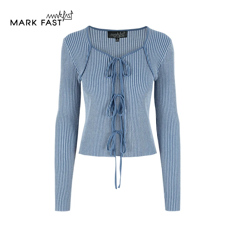 MARKFAST设计师品牌2025春季浅蓝色修身系带针织开衫M1FAW08190
