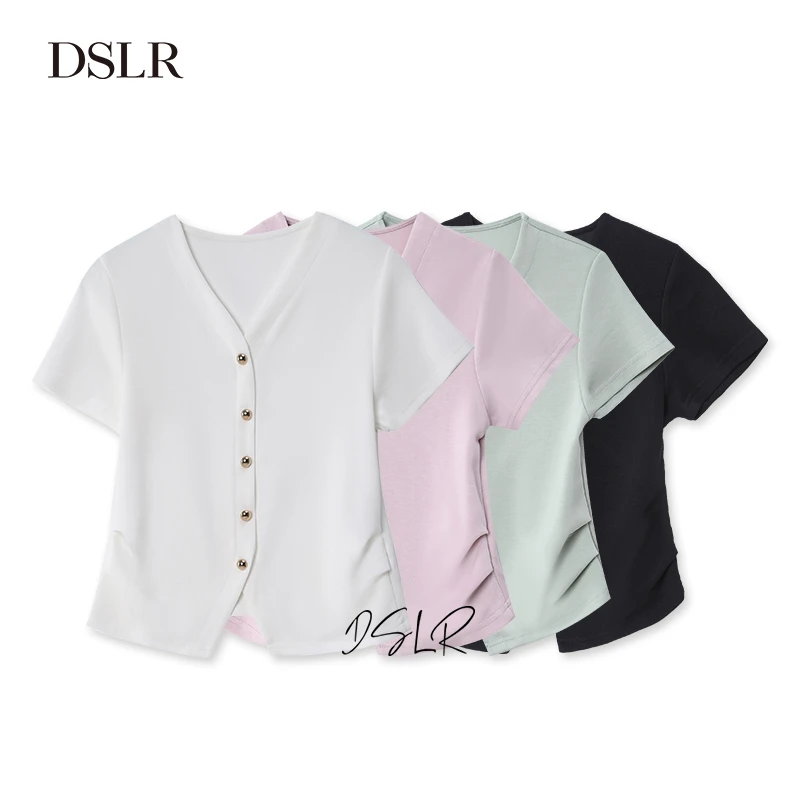 夏季V领正肩短袖t恤女2025新款洋气休闲百搭上衣X2D21220