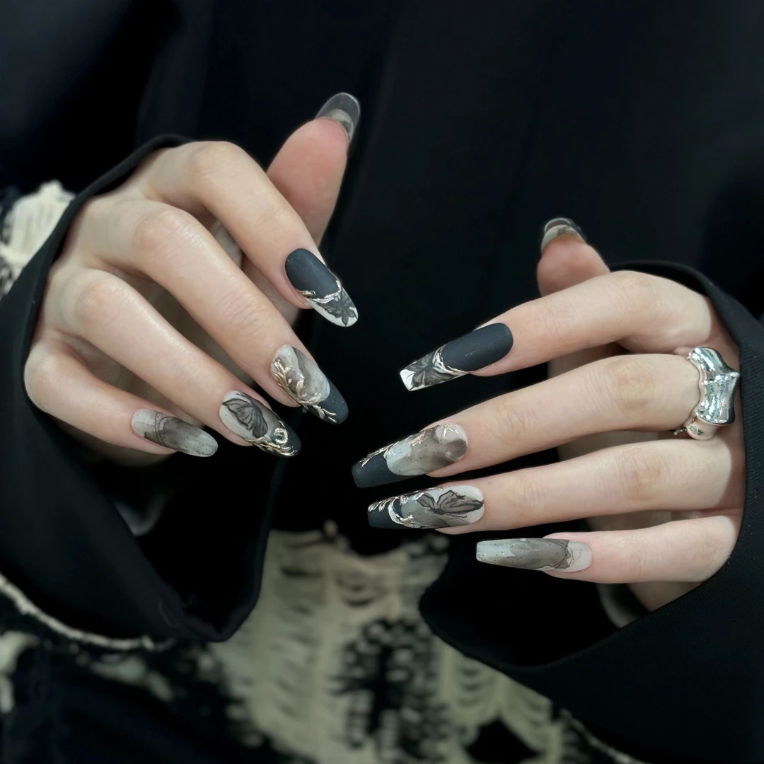 「S1491」水彩晕染手绘新中式国风暗夜蝴蝶手工穿戴甲 18种甲型定制