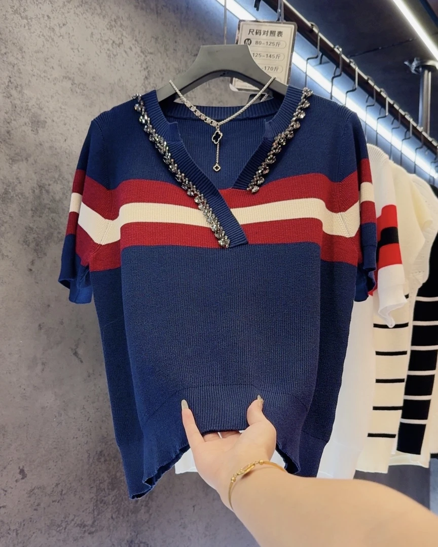 【定制大码女装80-200斤】显瘦百搭条纹烫钻时尚减龄上衣女1981