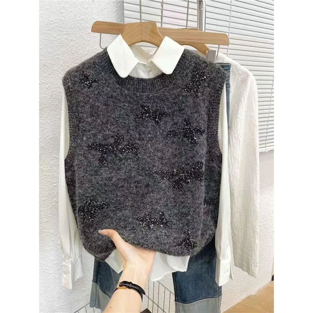 B 门店36&9！毛纱顶流，奧洲百花绒/羊芼亮片绣针织马甲背心 T4431