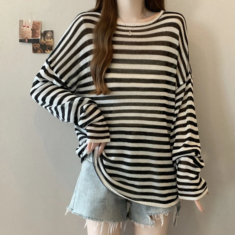 La Chapelle/拉夏贝尔大码黑白条长袖防晒t恤罩衫夏上衣空调罩衫