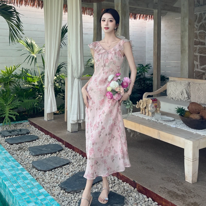 小樱花宋轶同款2025春夏季新款小飞袖连衣裙雪纺碎花女胖MM