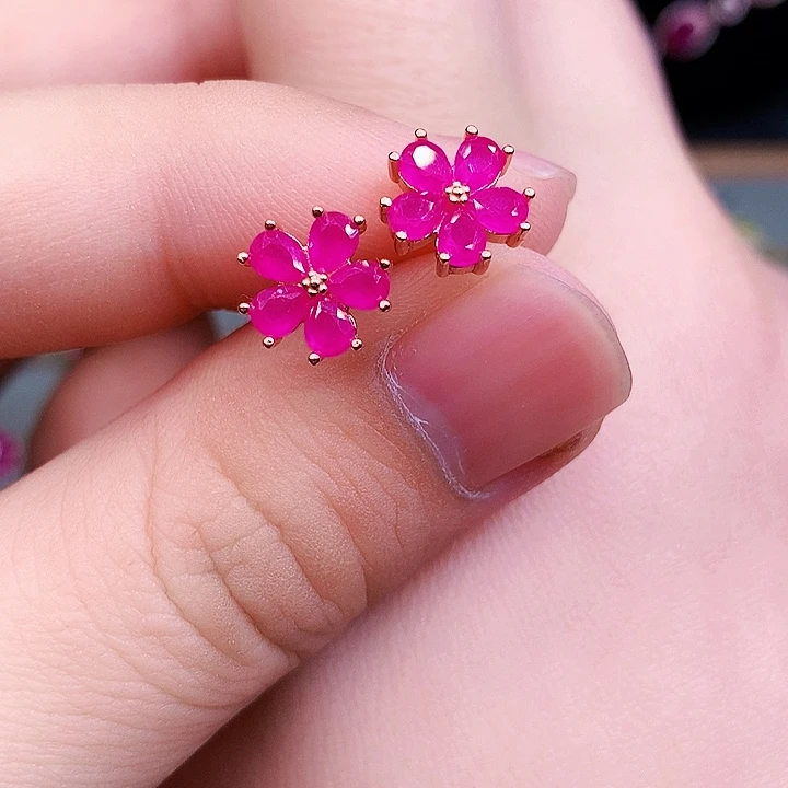 红宝石耳饰银S925镶嵌