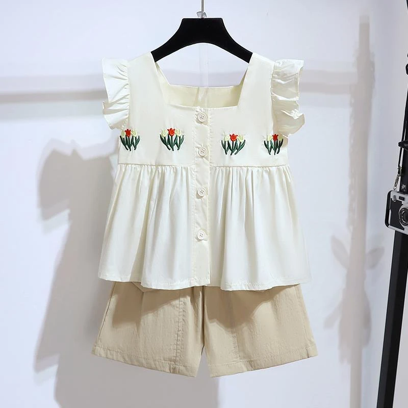 女童无袖套装夏季2025新款洋气炸街飞袖上衣夏装儿童