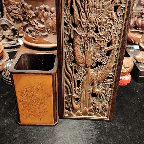 好***力木老檀木贴黄毛笔盒一套