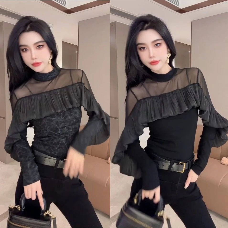 2024秋冬新款气质荷叶边网纱拼接修身显瘦百搭立领加绒打底女