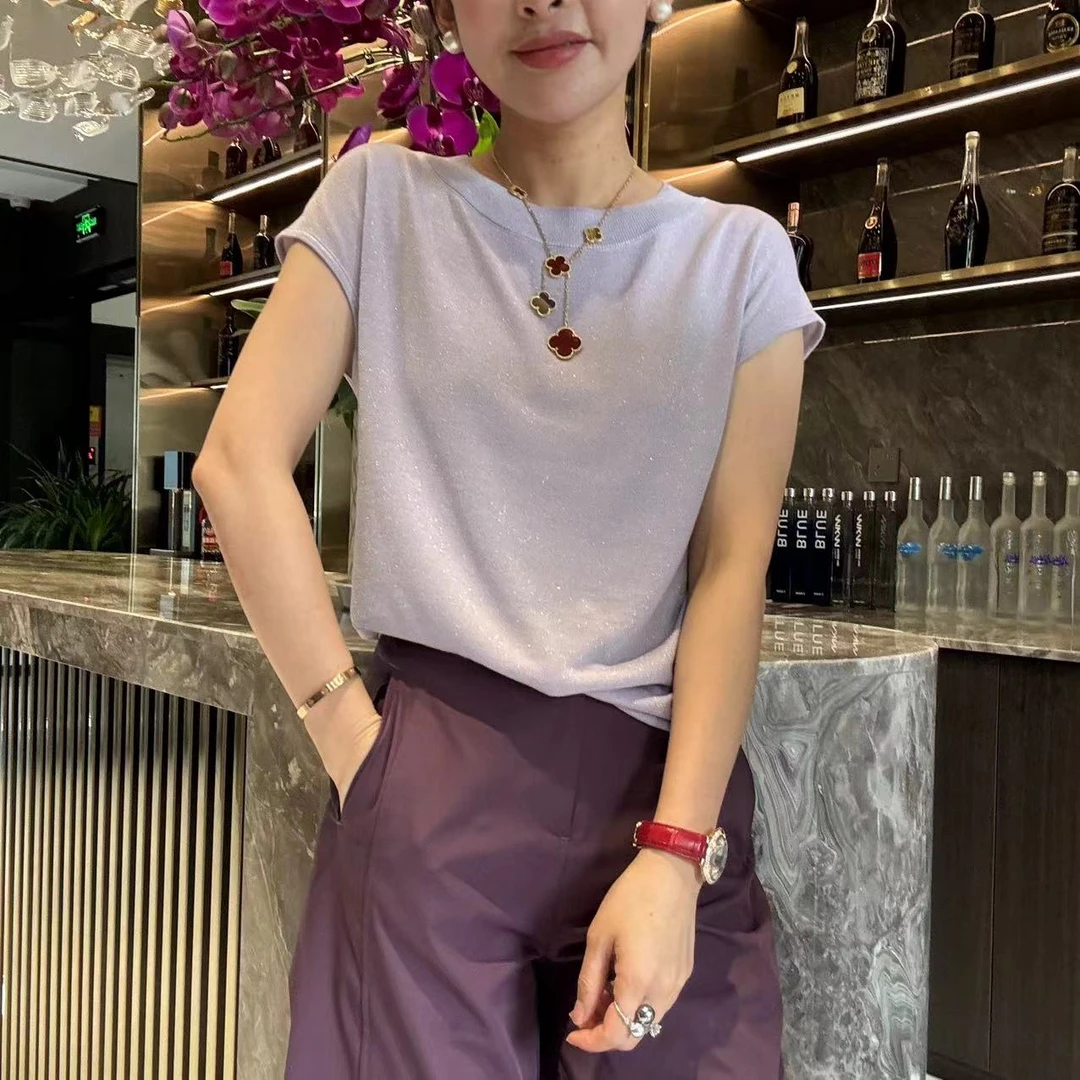 MINGGANG/名港【桑蚕丝+天丝】包肩袖显瘦气质圆领T恤女上衣MG7056