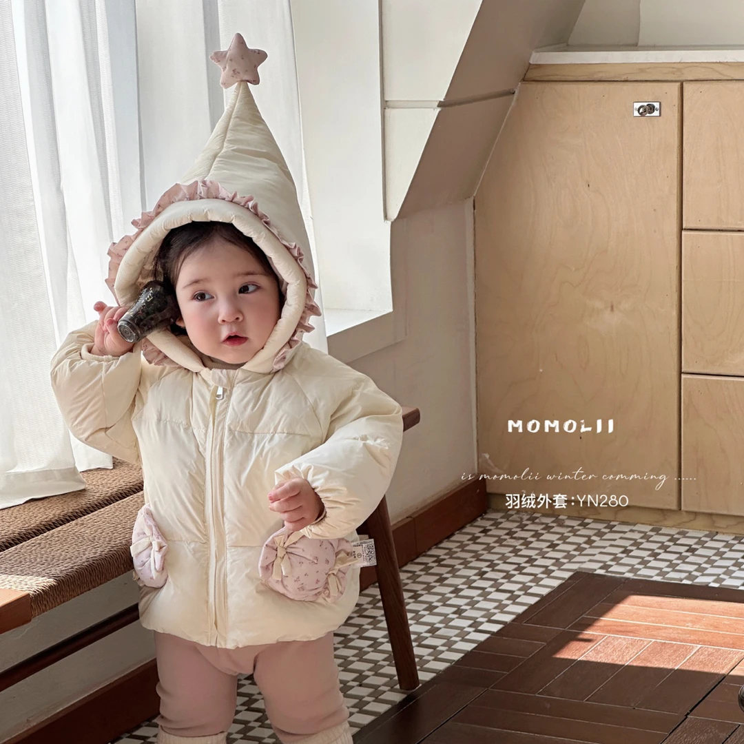 【momoli茉茉哩正品】现货 25秋冬新款米色糖果碎花精灵帽羽羽外套