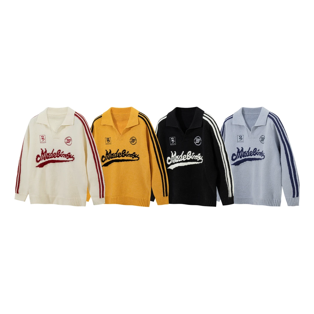 NISHESI 国潮秋季新品 拼接织带宽松男女同款POLO翻领毛衣