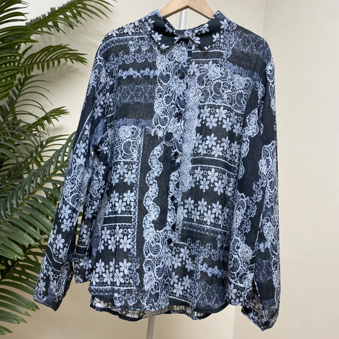 【黑底白花复古印花苎麻衬衫】3864