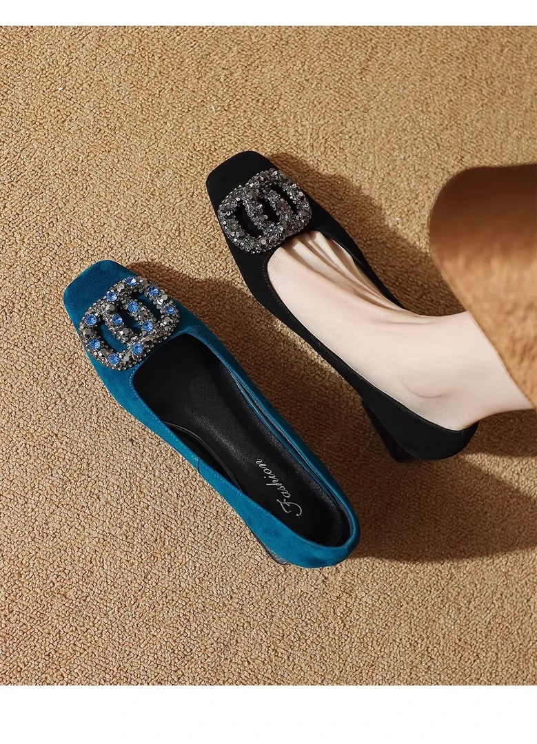 断码清仓羊皮方头单鞋女粗跟3cm磨砂气质方扣水钻浅口中跟高跟鞋