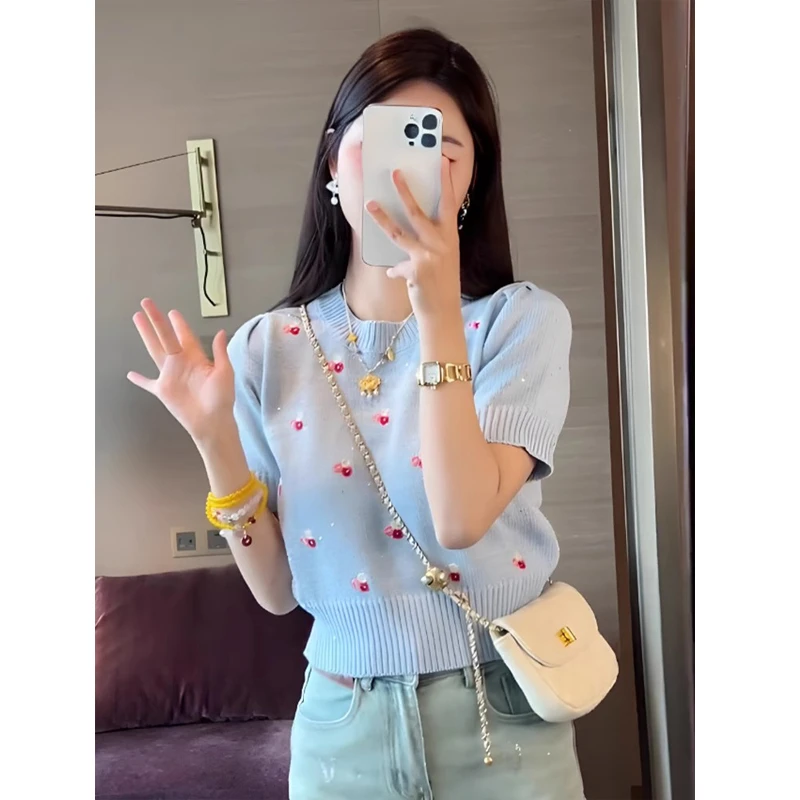 大码刺绣花朵圆领短袖针织衫t恤女2025夏季新款气质名媛正肩上衣