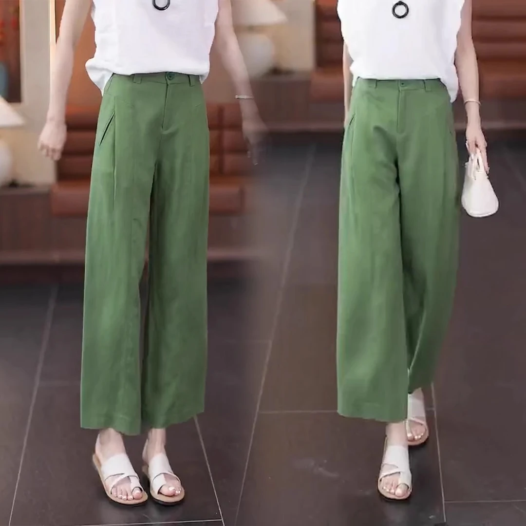 森林绿天丝亚麻八分裤女2025夏季薄款新款高腰后松紧抗皱阔腿裤子
