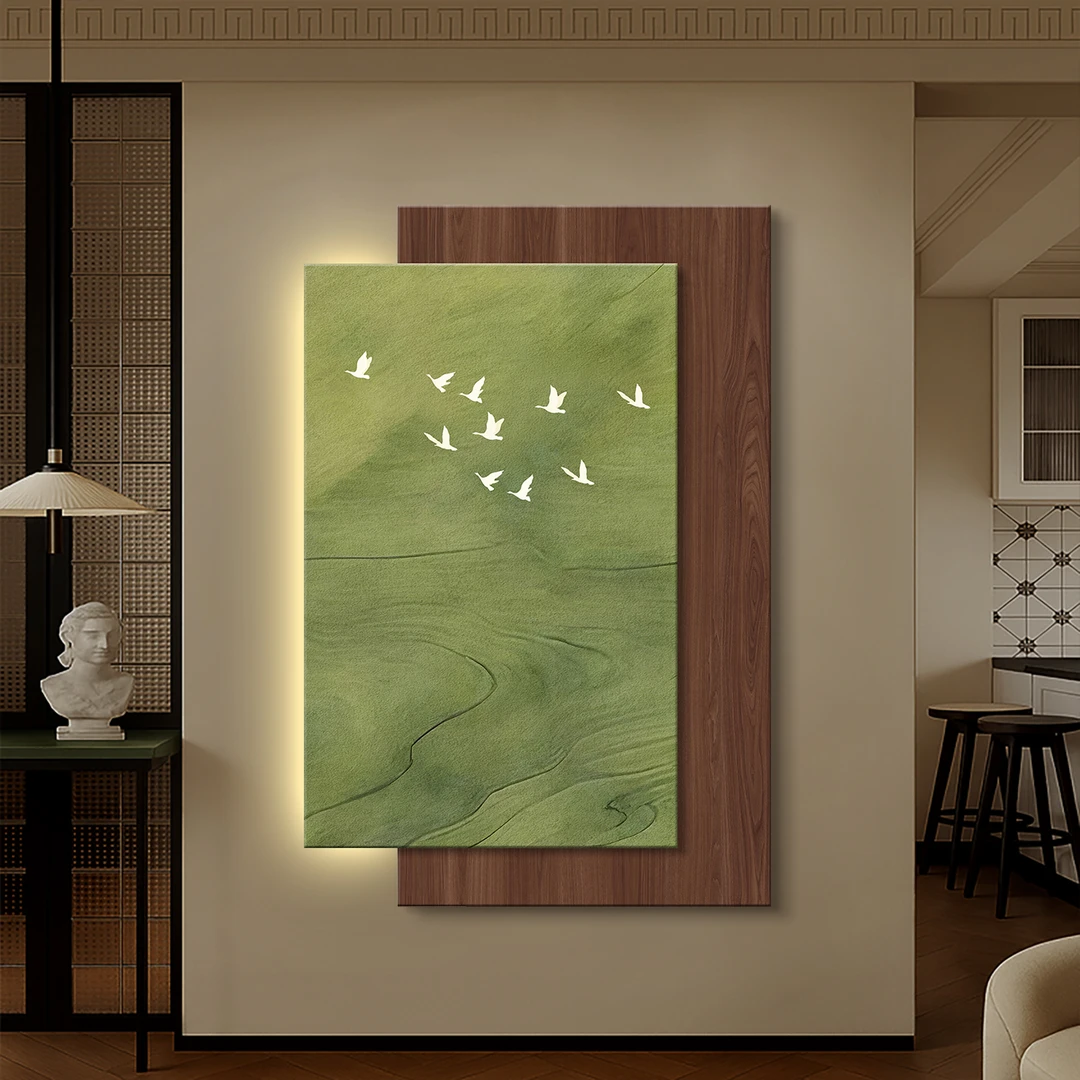 中古风玄关装饰画法式复古入户正对门挂画高级感绿色叠加带灯壁画