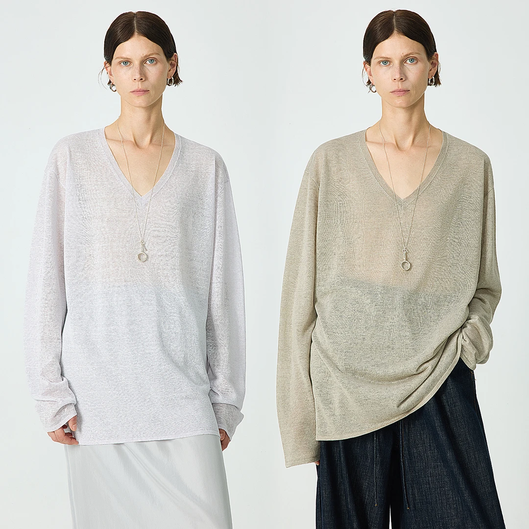 KEIGAN/开间福利特供 黑标意大利轻凉透气亚麻V领懒人针织长袖T