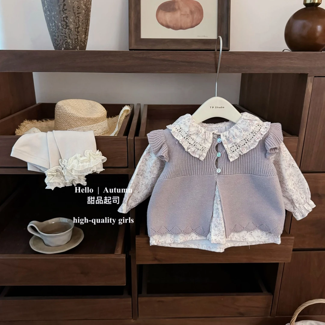 【甜品起司】超美！韩系女宝宝秋冬开襟飞飞袖淡紫色马甲绣花小背心