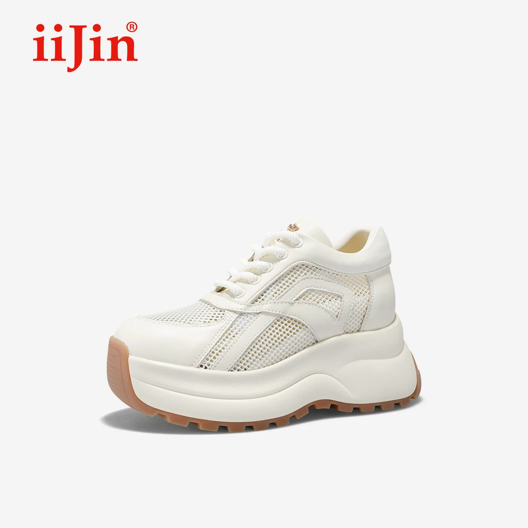 iiJin艾今25春夏新品9cm厚底内增高拼接透气网面老爹鞋女376ITA