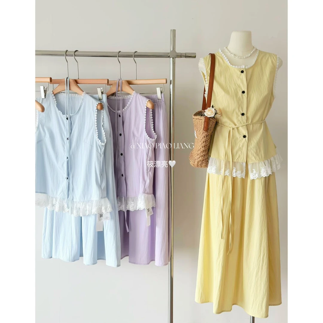 夏季蕾丝拼接无袖上衣+半身裙套装女气质显瘦套装7980#0.12 qq