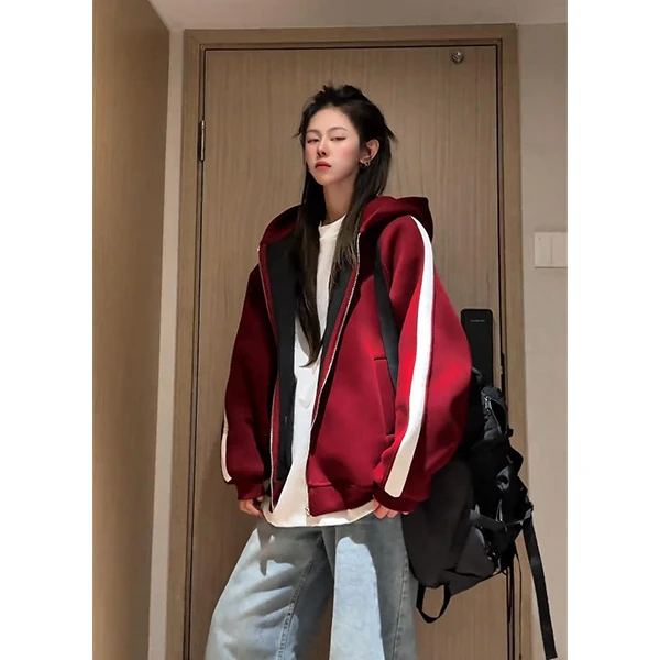 酒红色重磅连帽卫衣男款秋季青少年美式潮牌条纹拼接拉链开衫外套