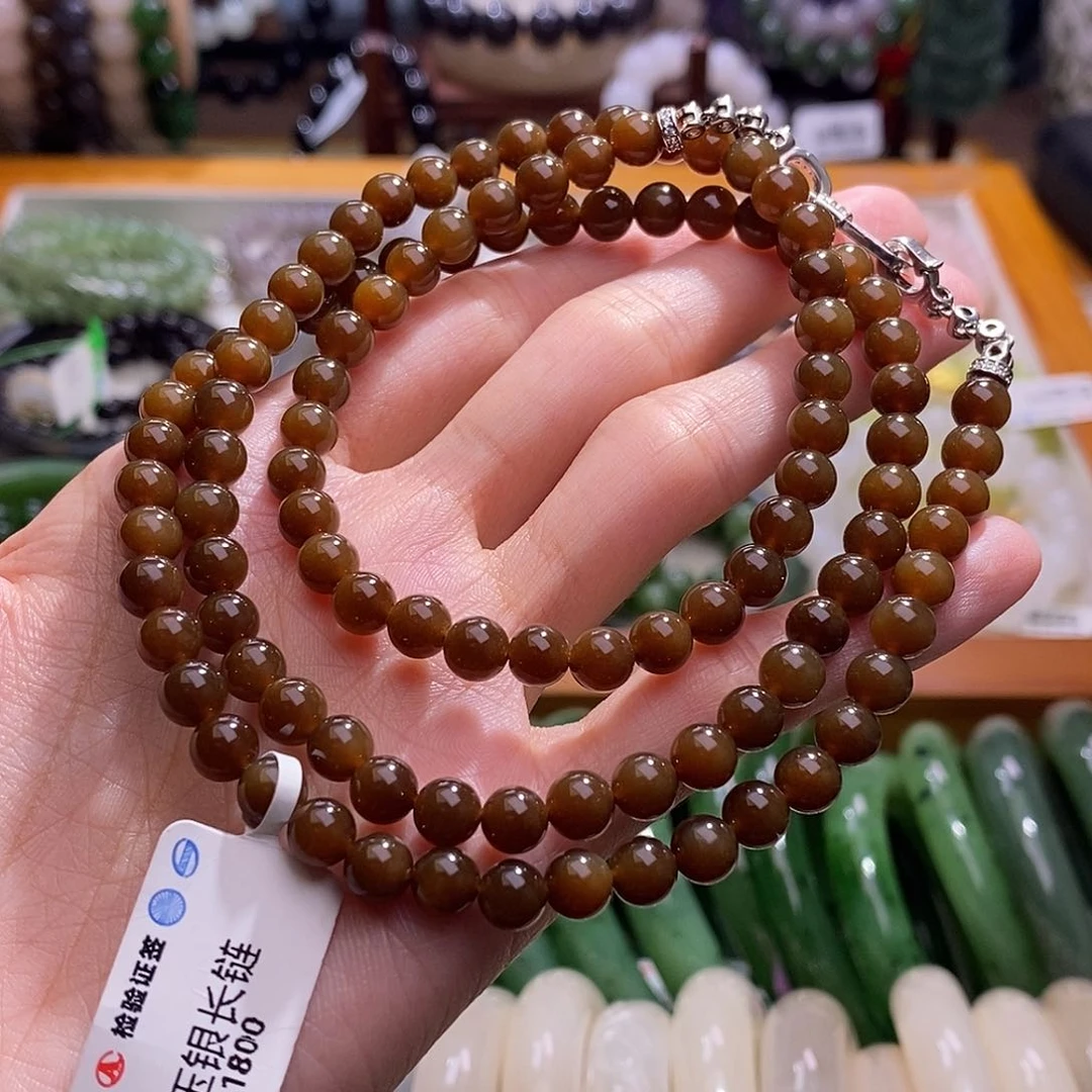 颈饰未镶嵌和田玉且末糖银镶项链6MM